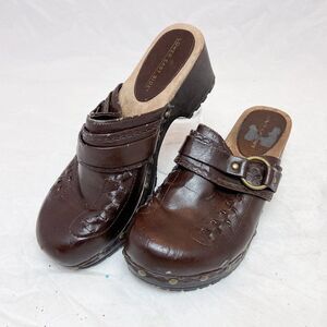 Lower East Side 90's Vtg Y2K brown Leather Slip On Chunky Platform Mules Sz 8.5